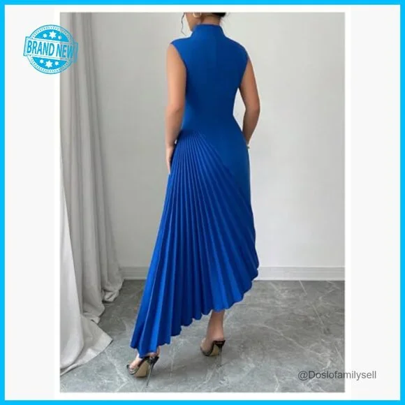 Pleated Maxi Dress Elegant Mock Neck Sleeveless Asymmetrical Cocktail Party - Picture 2 of 5